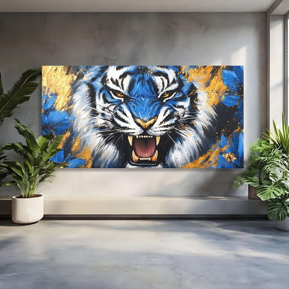 Tablou canvas cu tablou canvas cu tigru albastru si flori, fara rama, pe sasiu de lemn